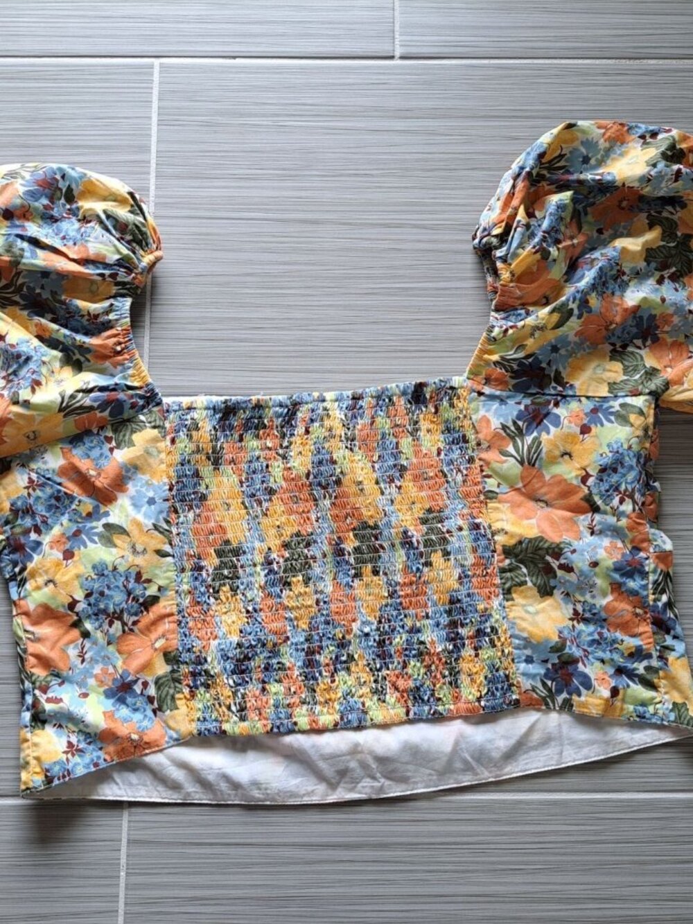 New Abercrombie & Fitch Women's XL Square Floral Ruched Puff Sleeve Crop Top - Picture 9 of 12